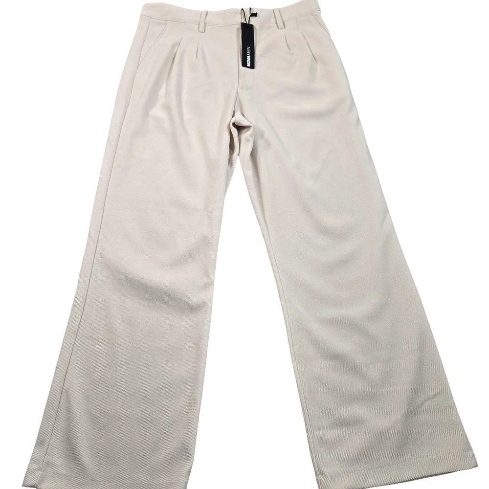 Nova Men Pants Mens 36x30 Beige Pleated Wide Leg Polyester Dress Microfiber